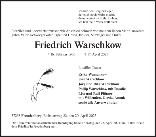 Traueranzeige von Friedrich Warschkow von Siegener Zeitung