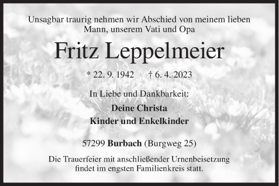 Traueranzeige von Fritz Leppelmeier von Siegener Zeitung