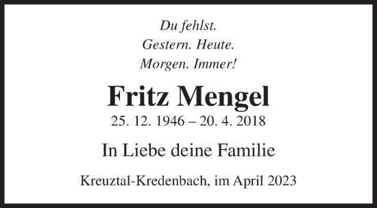 Traueranzeige von Fritz Mengel von Siegener Zeitung