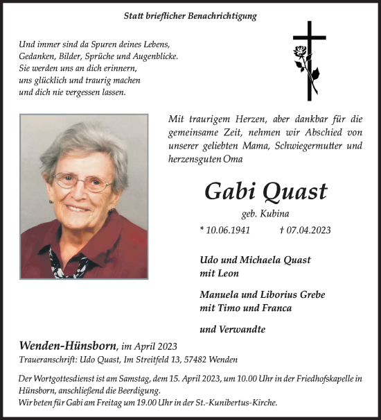 Traueranzeige von Gabi Quast von Siegener Zeitung