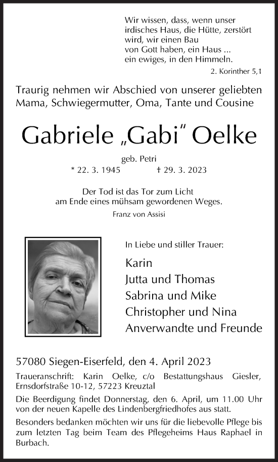 Traueranzeige von Gabriele Oelke von Siegener Zeitung
