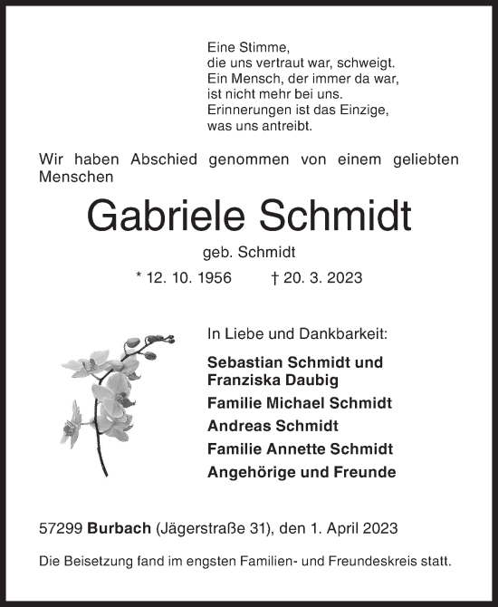 Traueranzeige von Gabriele Schmidt von Siegener Zeitung