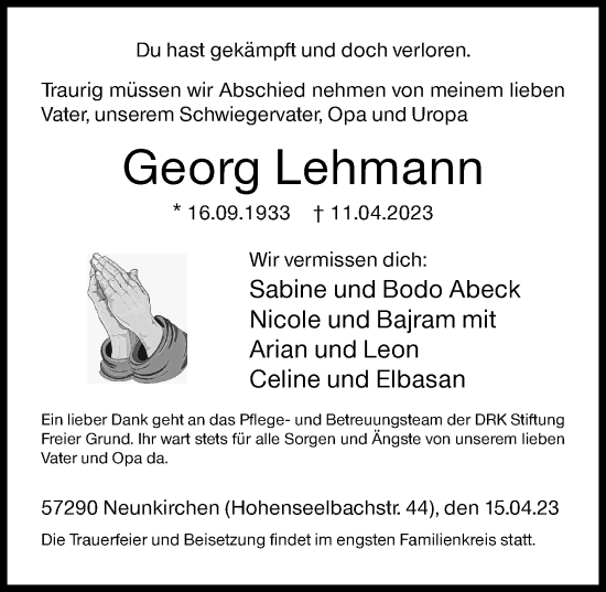 Traueranzeige von Georg Lehmann von Siegener Zeitung