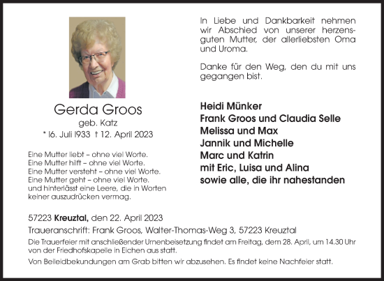 Traueranzeige von Gerda Groos von Siegener Zeitung