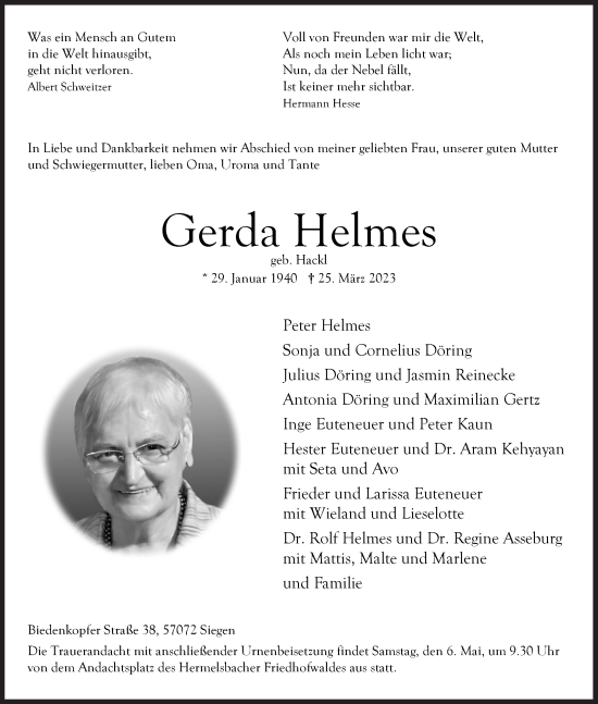 Traueranzeige von Gerda Helmes von Siegener Zeitung