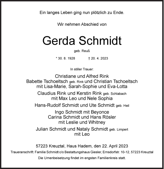 Traueranzeige von Gerda Schmidt von Siegener Zeitung