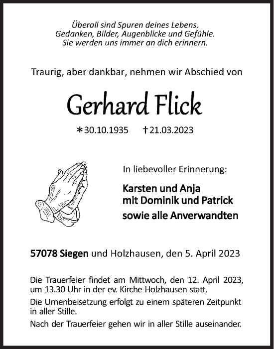 Traueranzeige von Gerhard Flick von Siegener Zeitung