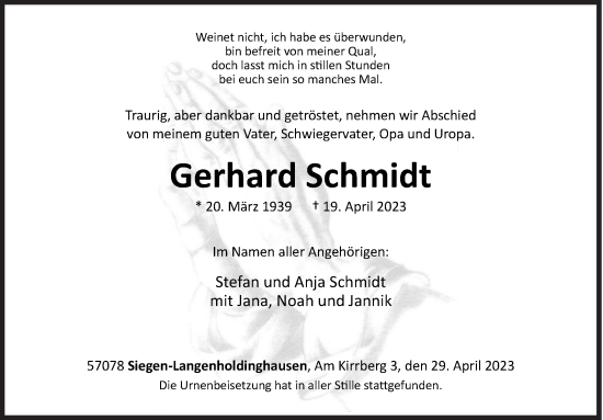Traueranzeige von Gerhard Schmidt von Siegener Zeitung
