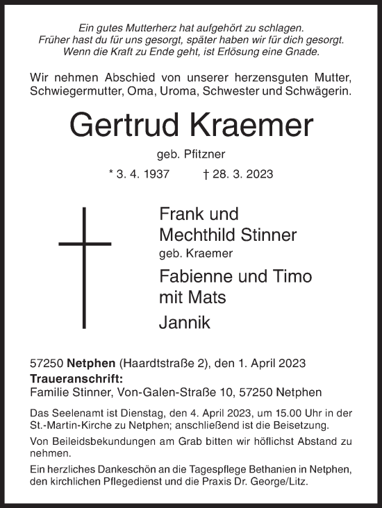 Traueranzeige von Gertrud Kraemer von Siegener Zeitung