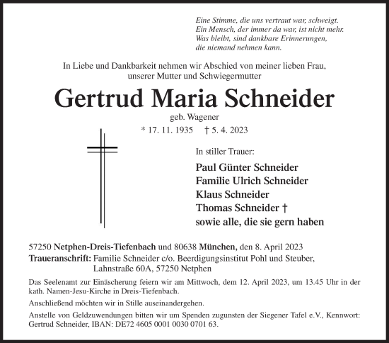 Traueranzeige von Gertrud Maria Schneider von Siegener Zeitung