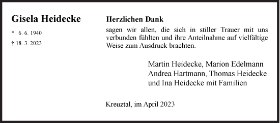 Traueranzeige von Gisela Heidecke von Siegener Zeitung