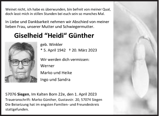 Traueranzeige von Giselheid Günther von Siegener Zeitung