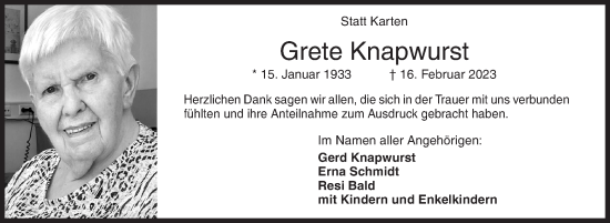 Traueranzeige von Grete Knapwurst von Siegener Zeitung