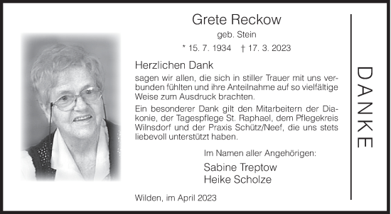 Traueranzeige von Grete Reckow von Siegener Zeitung