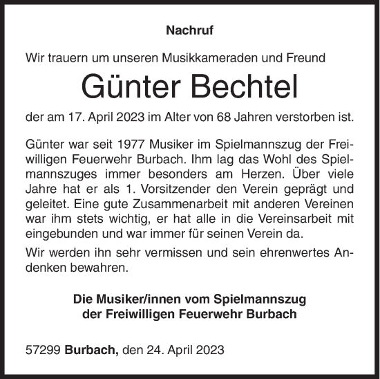 Traueranzeige von Günter Bechtel von Siegener Zeitung