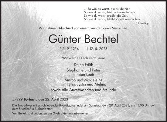Traueranzeige von Günter Bechtel von Siegener Zeitung