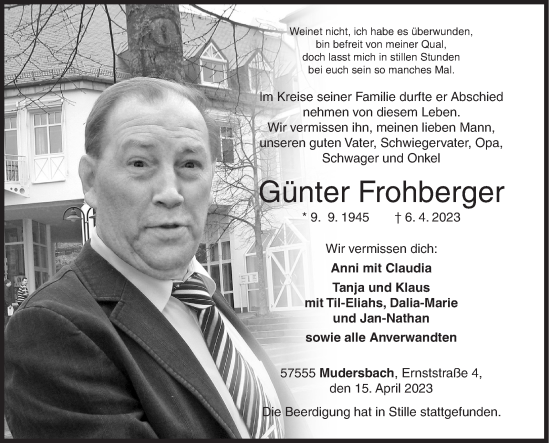 Traueranzeige von Günter Frohberger von Siegener Zeitung