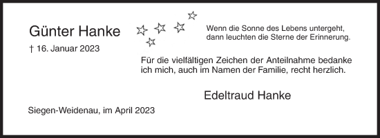 Traueranzeige von Günter Hanke von Siegener Zeitung