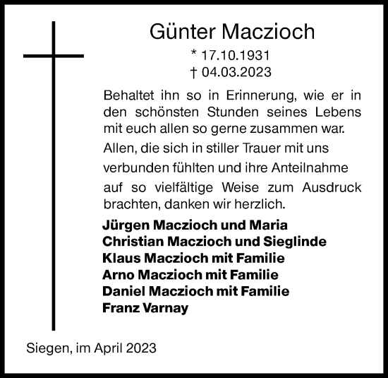 Traueranzeige von Günter Maczioch von Siegener Zeitung