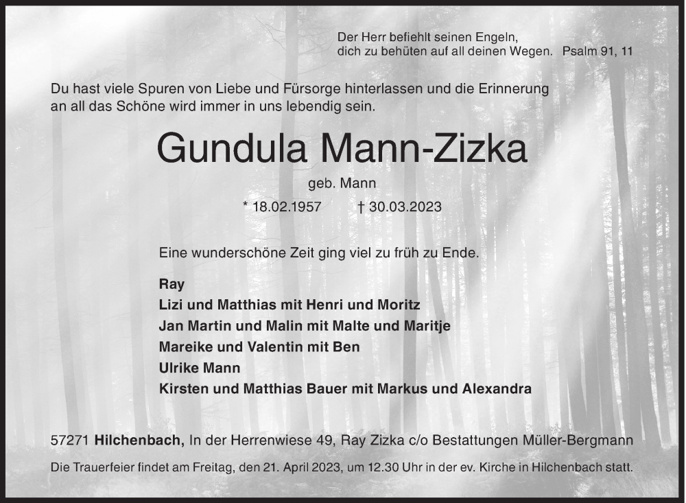  Traueranzeige für Gundula Mann-Zizka vom 06.04.2023 aus Siegener Zeitung