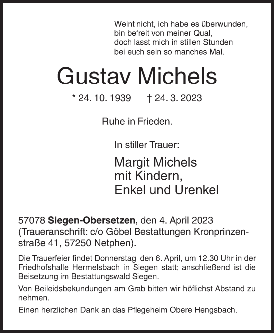 Traueranzeige von Gustav Michels von Siegener Zeitung