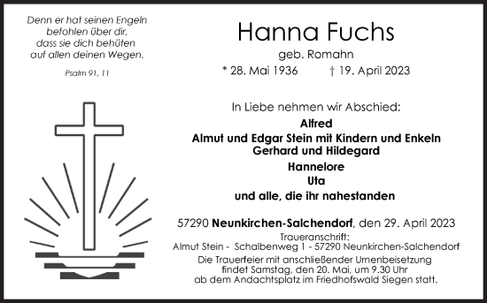 Traueranzeige von Hanna Fuchs von Siegener Zeitung