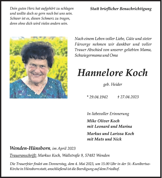 Traueranzeige von Hannelore Koch von Siegener Zeitung