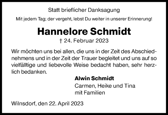 Traueranzeige von Hannelore Schmidt von Siegener Zeitung