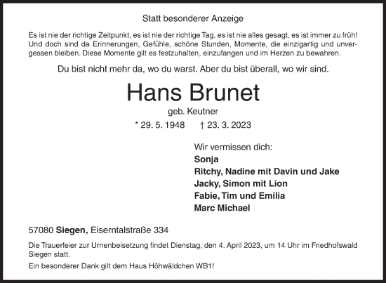 Traueranzeige von Hans Brunet von Siegener Zeitung