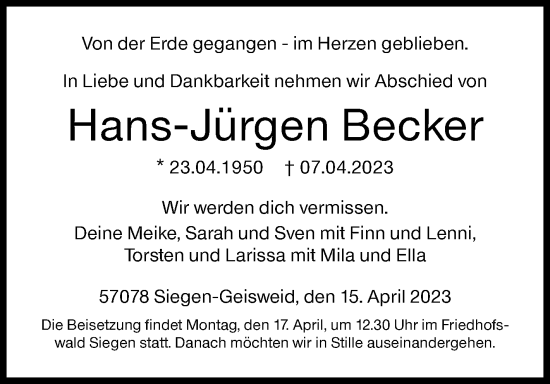 Traueranzeige von Hans-Jürgen Becker von Siegener Zeitung