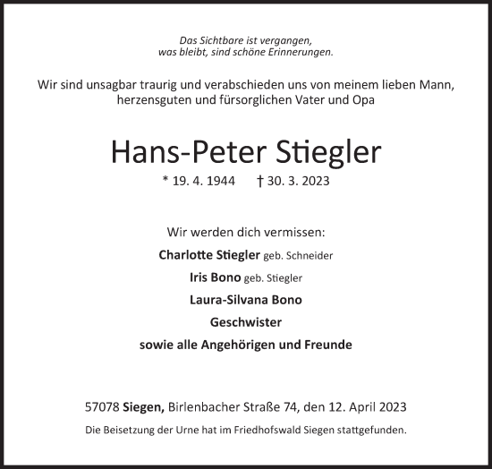 Traueranzeige von Hans-Peter Stiegler von Siegener Zeitung