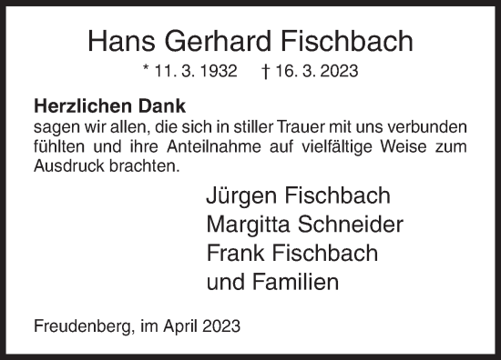 Traueranzeige von Hans Gerhard Fischbach von Siegener Zeitung