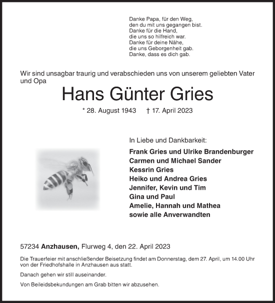Traueranzeige von Hans Günter Gries von Siegener Zeitung