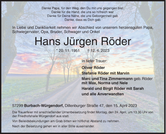 Traueranzeige von Hans Jürgen Röder von Siegener Zeitung