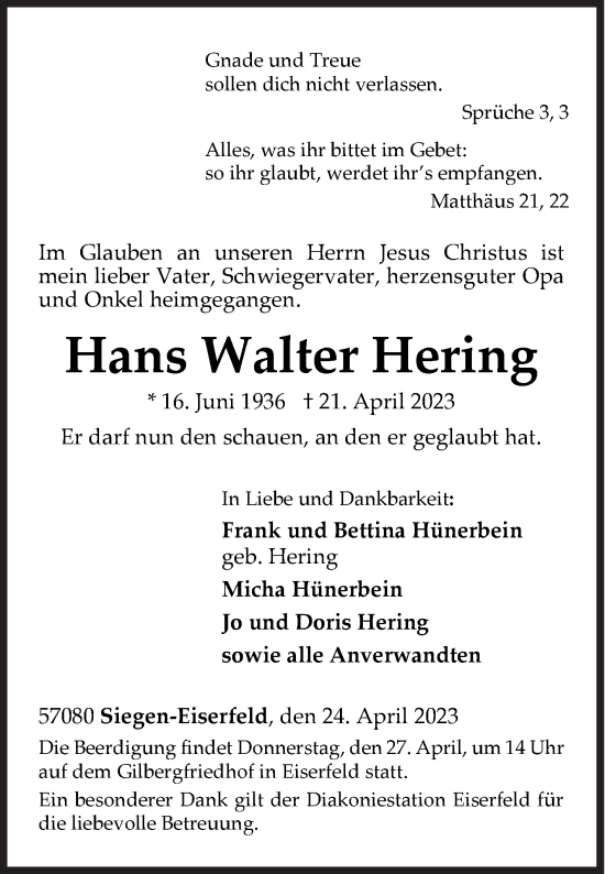 Traueranzeige von Hans Walter Hering von Siegener Zeitung