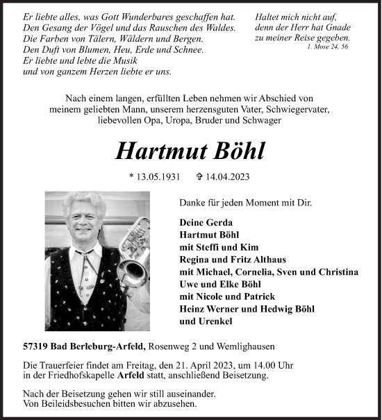 Traueranzeige von Hartmut Böhl von Siegener Zeitung