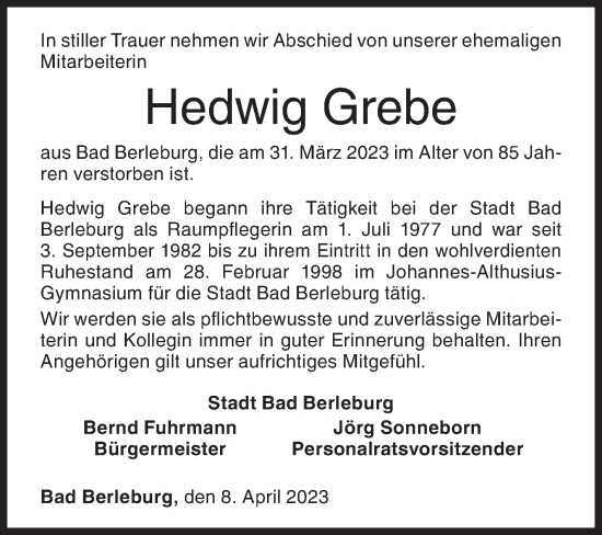 Traueranzeige von Hedwig Grebe von Siegener Zeitung
