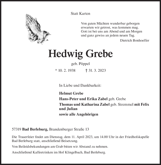 Traueranzeige von Hedwig Grebe von Siegener Zeitung