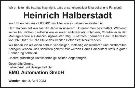 Traueranzeige von Heinrich Halberstadt von Siegener Zeitung