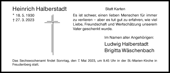 Traueranzeige von Heinrich Halberstadt von Siegener Zeitung