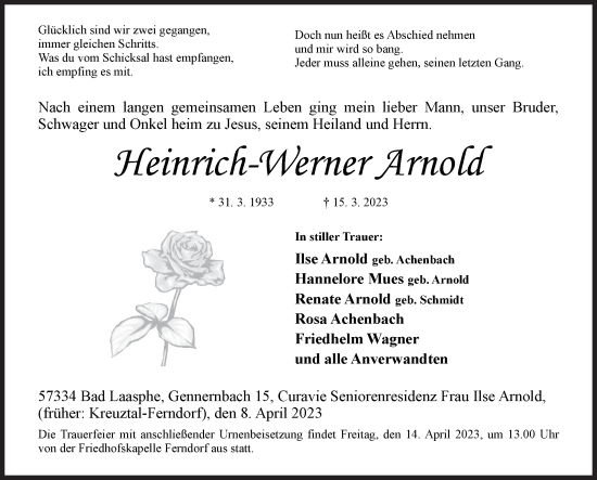 Traueranzeige von Heinrich-Werner Arnold von Siegener Zeitung