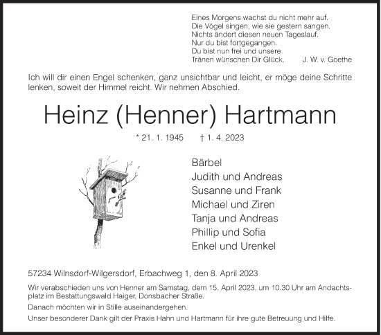 Traueranzeige von Heinz Hartmann von Siegener Zeitung
