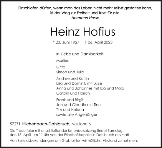 Traueranzeige von Heinz Hofius von Siegener Zeitung