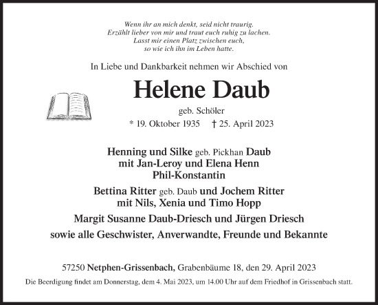 Traueranzeige von Helene Daub von Siegener Zeitung