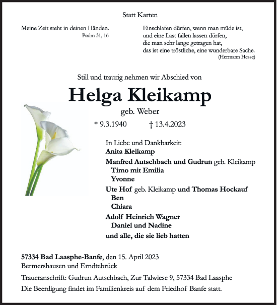 Traueranzeige von Helga Kleikamp von Siegener Zeitung
