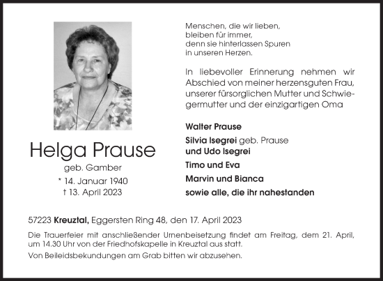Traueranzeige von Helga Prause von Siegener Zeitung