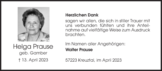 Traueranzeige von Helga Prause von Siegener Zeitung