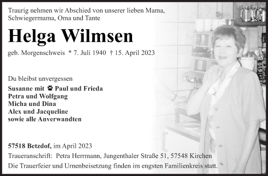 Traueranzeige von Helga Wilmsen von Siegener Zeitung