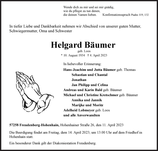 Traueranzeige von Helgard Bäumer von Siegener Zeitung