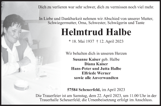 Traueranzeige von Helmtrud Halbe von Siegener Zeitung